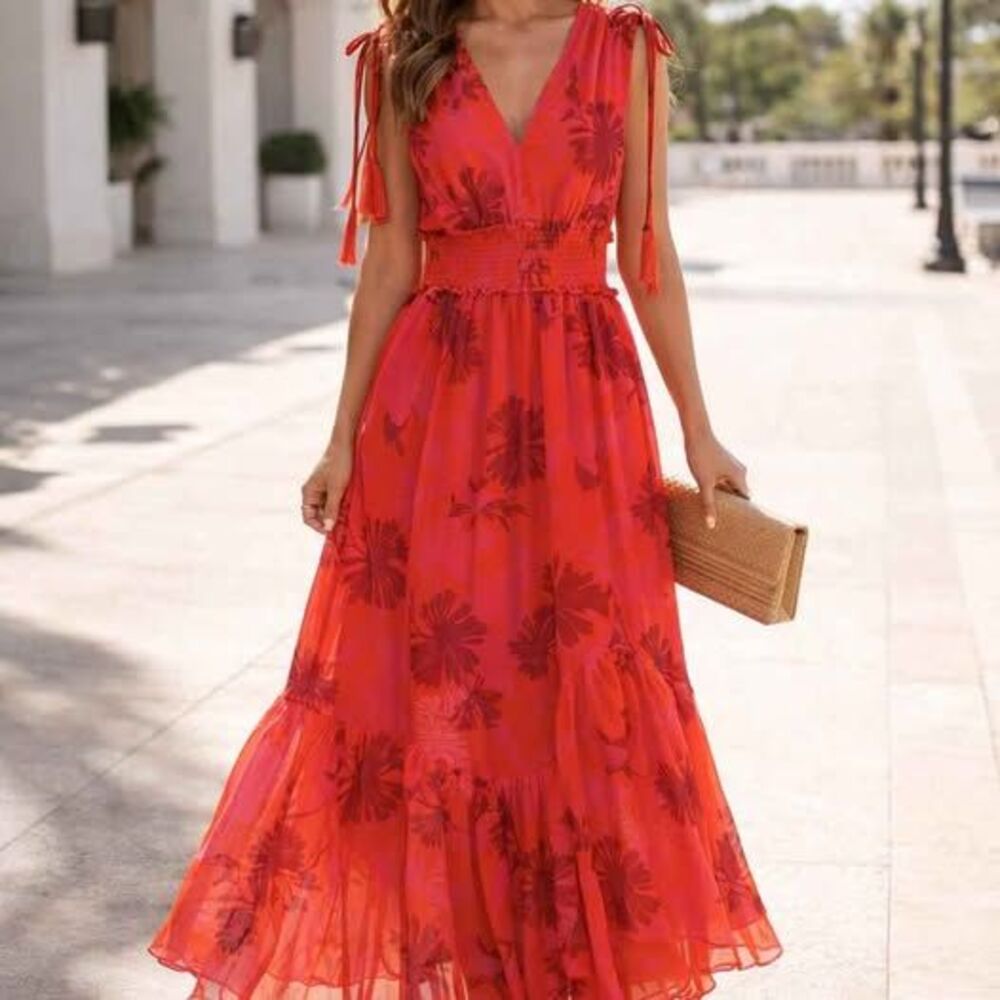 Red Floral Maxi Dress with Tie-Shoulder Straps